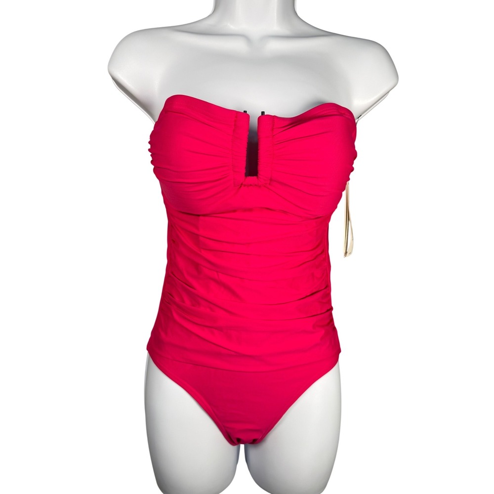 DKNY Pink Bandeau One Piece Swimsuit Small NWT Ruched Strapless